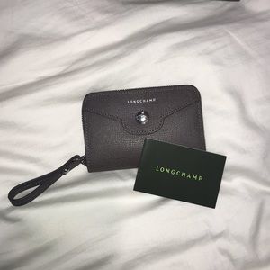 Grey leather Longchamp Paris wristlet wallet